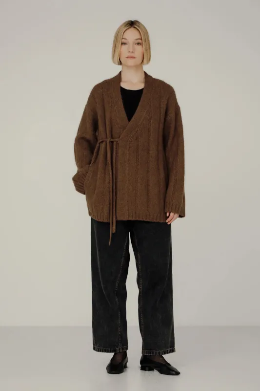 Roan Wrap Cardigan in Saddle sold by Bare Knitwear