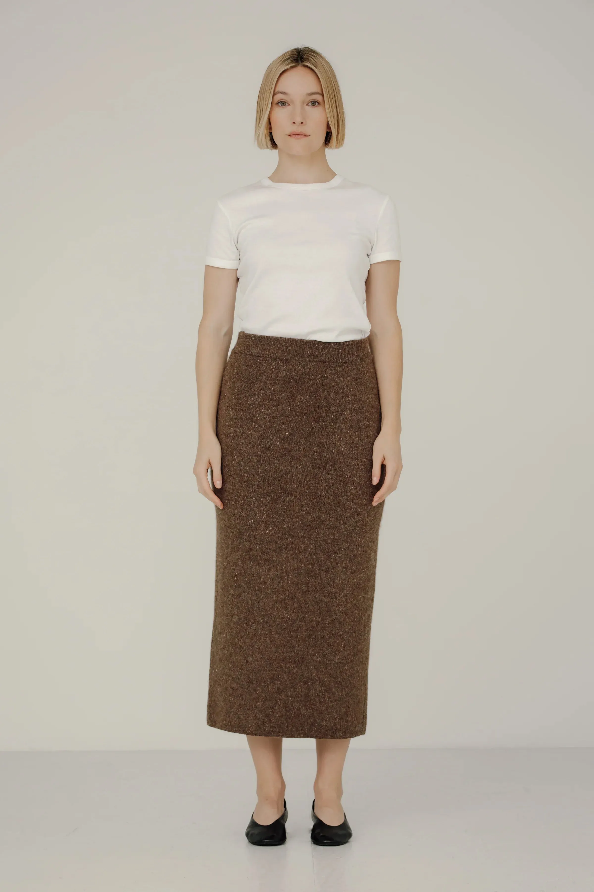 Nora Midi Skirt in Bark sold by Bare Knitwear