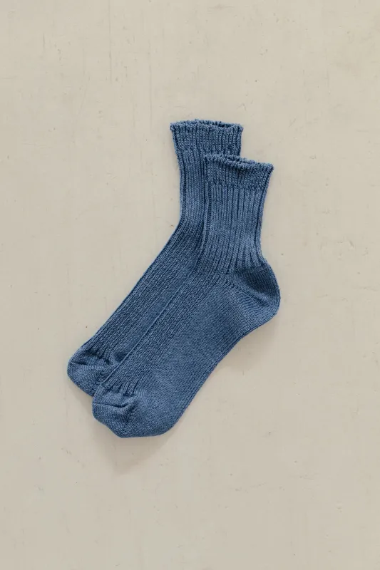 Linen Ribbed Socks in Blue made by Bare Knitwear