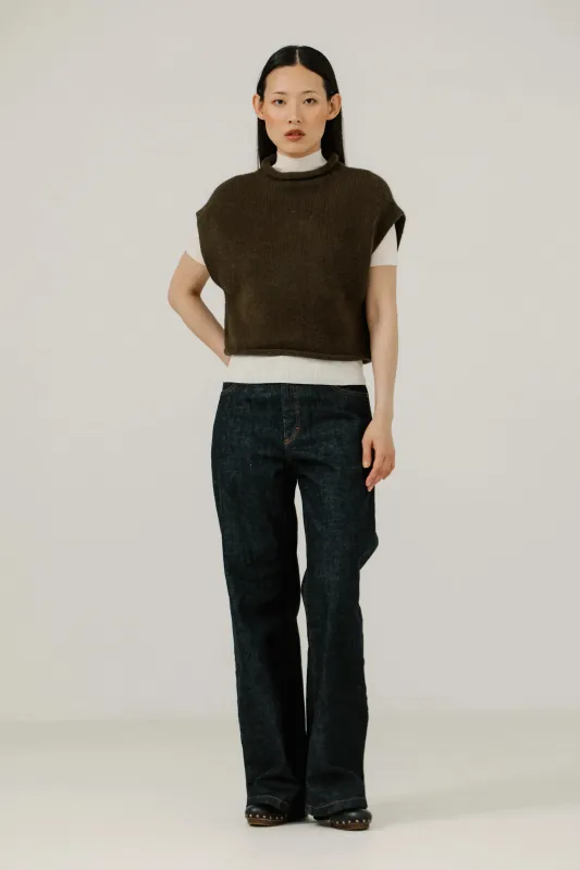 Alpaca Iris Vest in Dark Olive made by Bare Knitwear