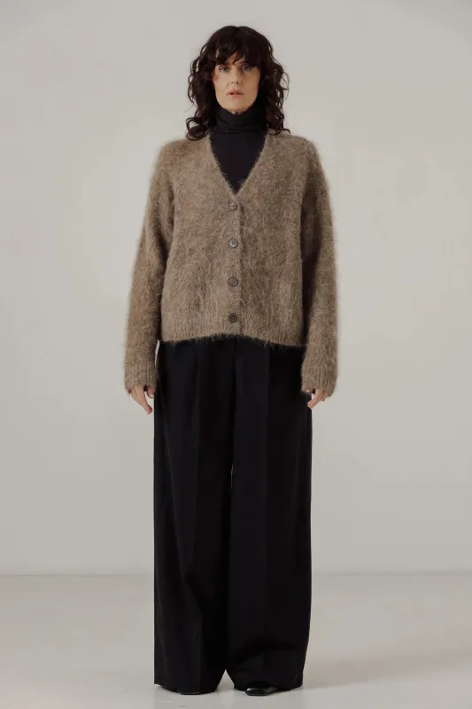 Suri Alpaca Cardigan in Taupe made by Bare Knitwear
