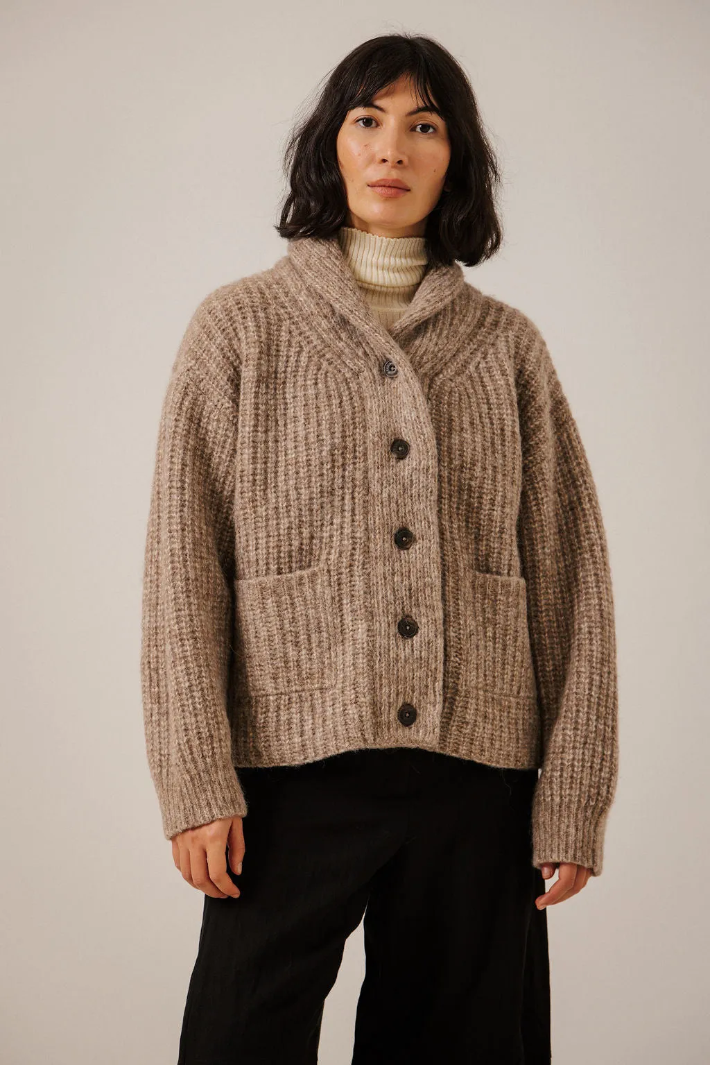 Oversized Shawl Cardigan in Dark Fawn sold by Bare Knitwear