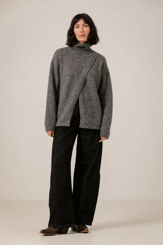 Asymmetric Funnel Neck in Charcoal made by Bare Knitwear