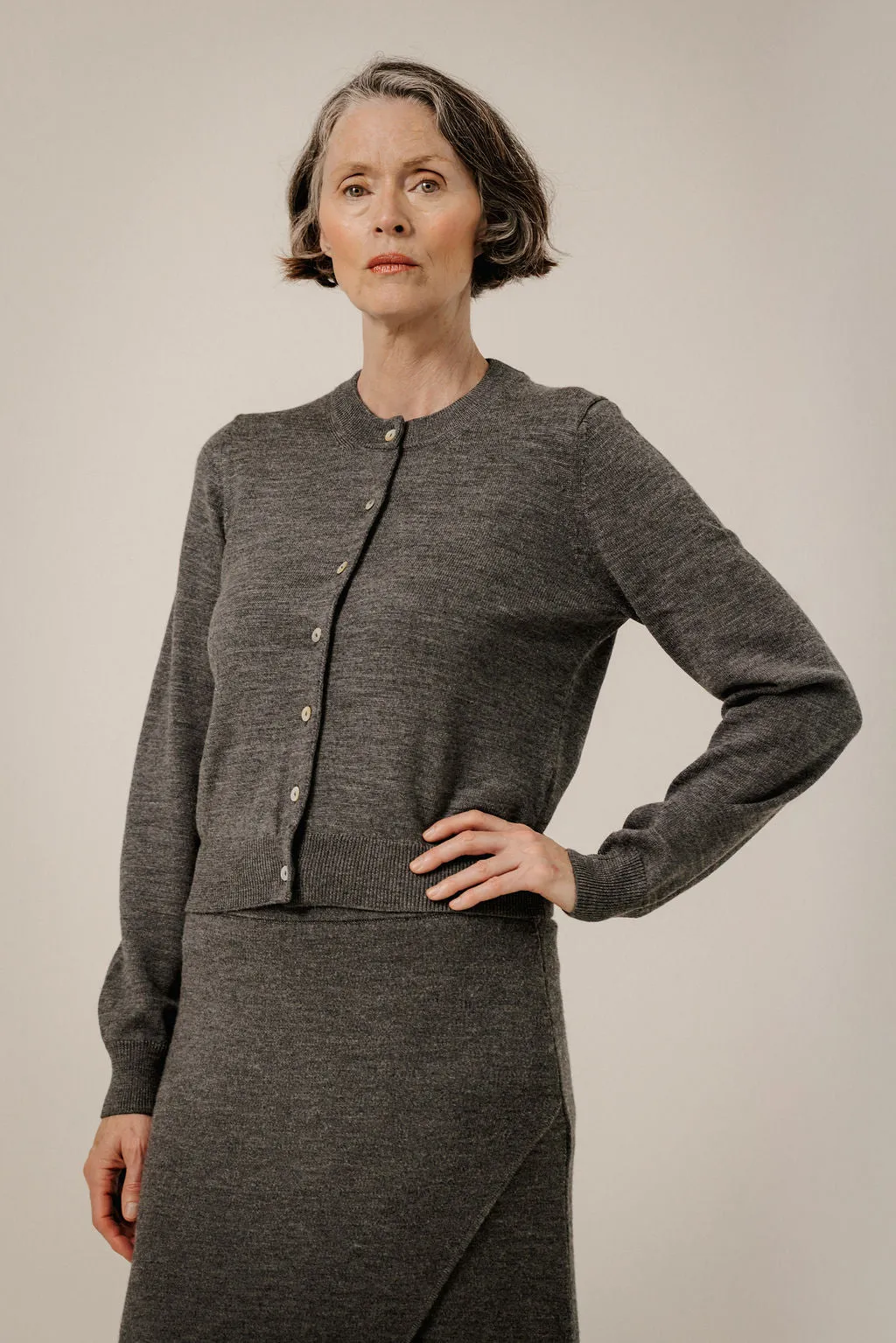 Classic Merino Cardigan in Charcoal sold by Bare Knitwear
