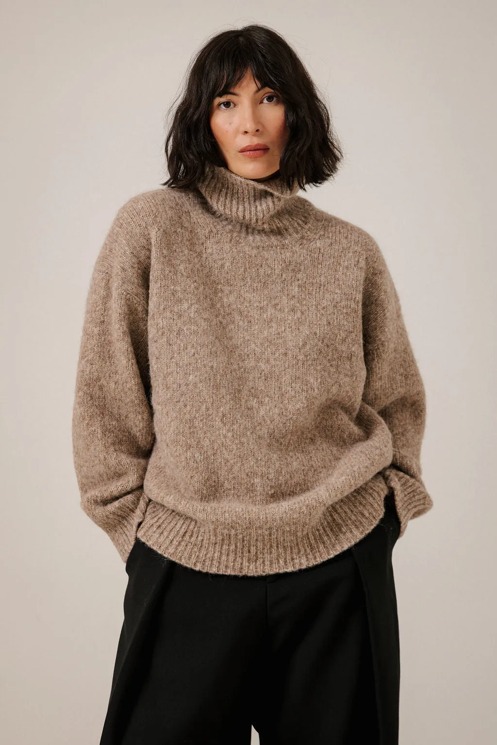 Oversized Alpaca Turtleneck in Dark Fawn sold by Bare Knitwear