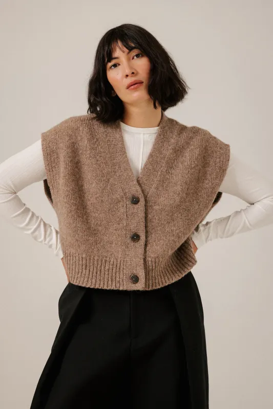 Alpaca Button Down Vest in Dark Fawn made by Bare Knitwear