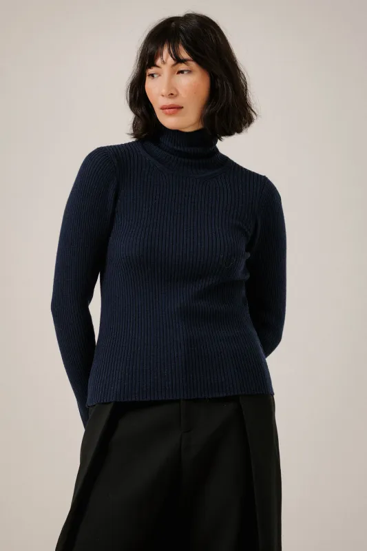 Fine Merino Turtleneck in Navy made by Bare Knitwear
