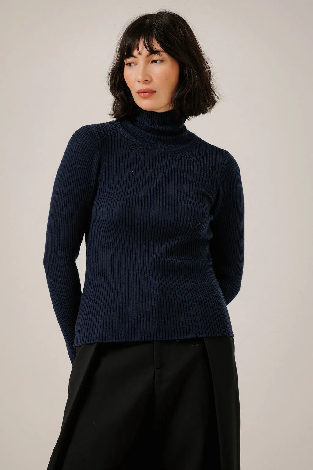 Fine Merino Turtleneck in Navy sold by Bare Knitwear