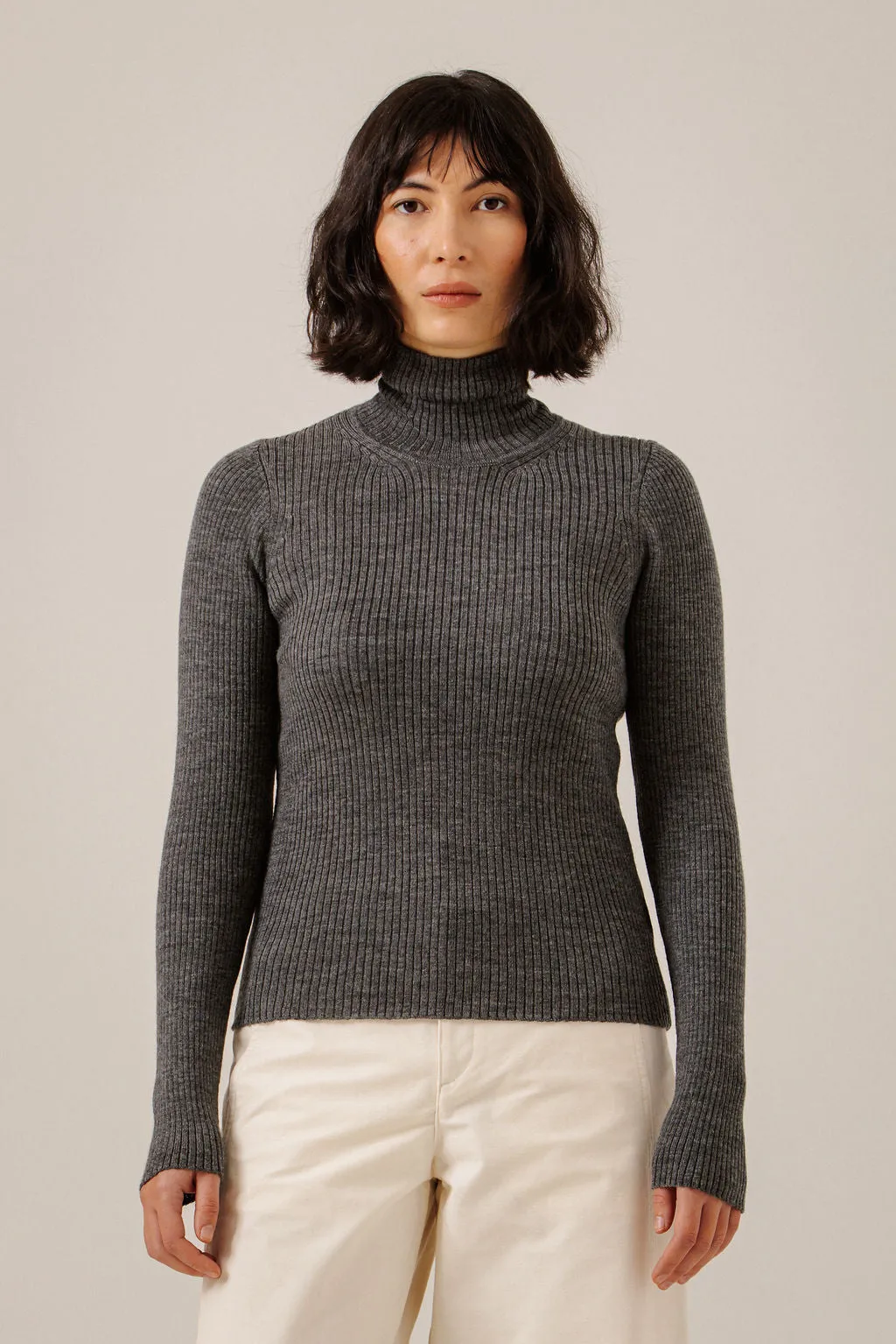 Fine Merino Turtleneck in Charcoal sold by Bare Knitwear