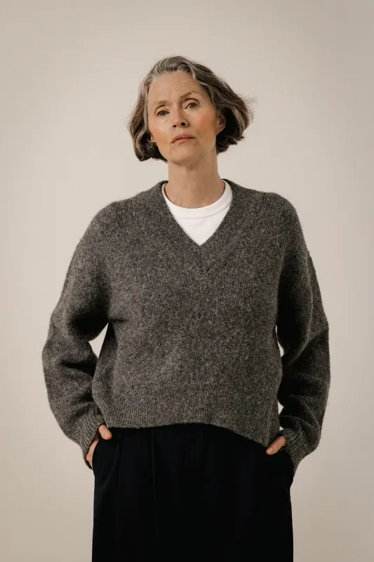 Boxy Alpaca V-Neck in Charcoal made by Bare Knitwear