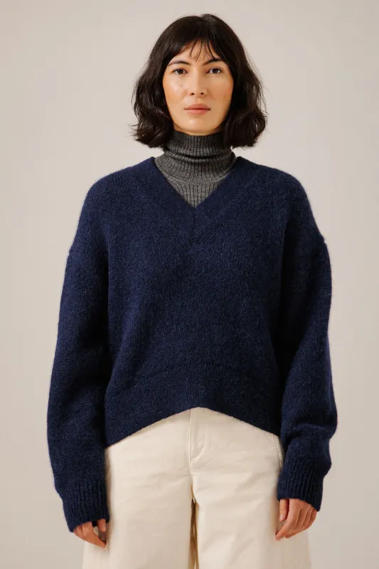 Boxy Alpaca V-Neck in Navy made by Bare Knitwear