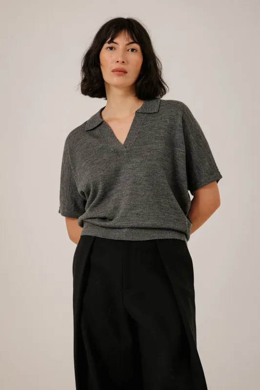 Batwing Merino Polo in Charcoal made by Bare Knitwear