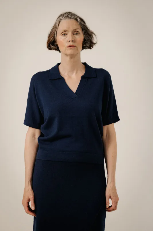 Batwing Merino Polo in Navy made by Bare Knitwear