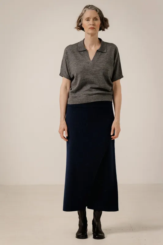 Asymmetric Midi Skirt in Navy made by Bare Knitwear