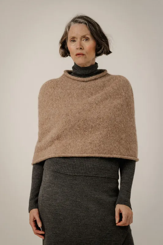 Seamless Alpaca Poncho in Dark Fawn made by Bare Knitwear