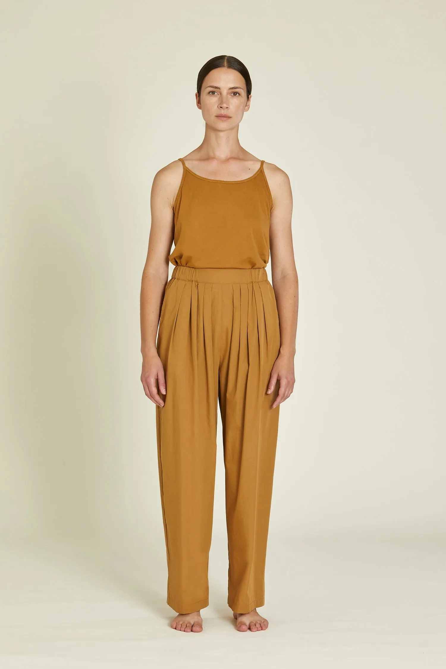 STRAIGHT DRAPED PANTS / CAMEL / OCP-SD05 sold by Black Crane