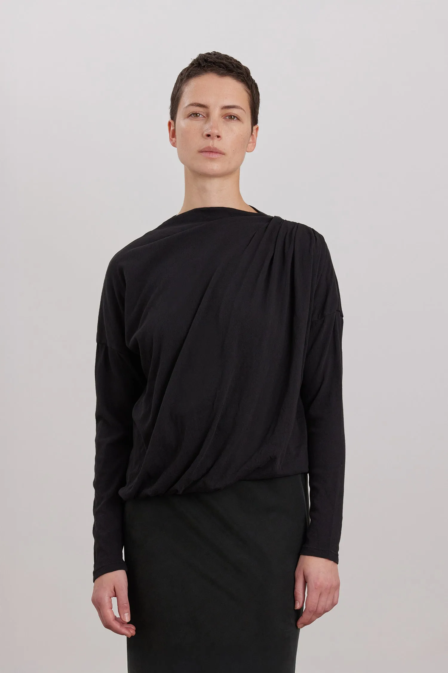 ORGANIC COTTON CASHMERE DOUBLE LAYER DRAPED TOP / BLACK sold by Black Crane product image thumbnail 3