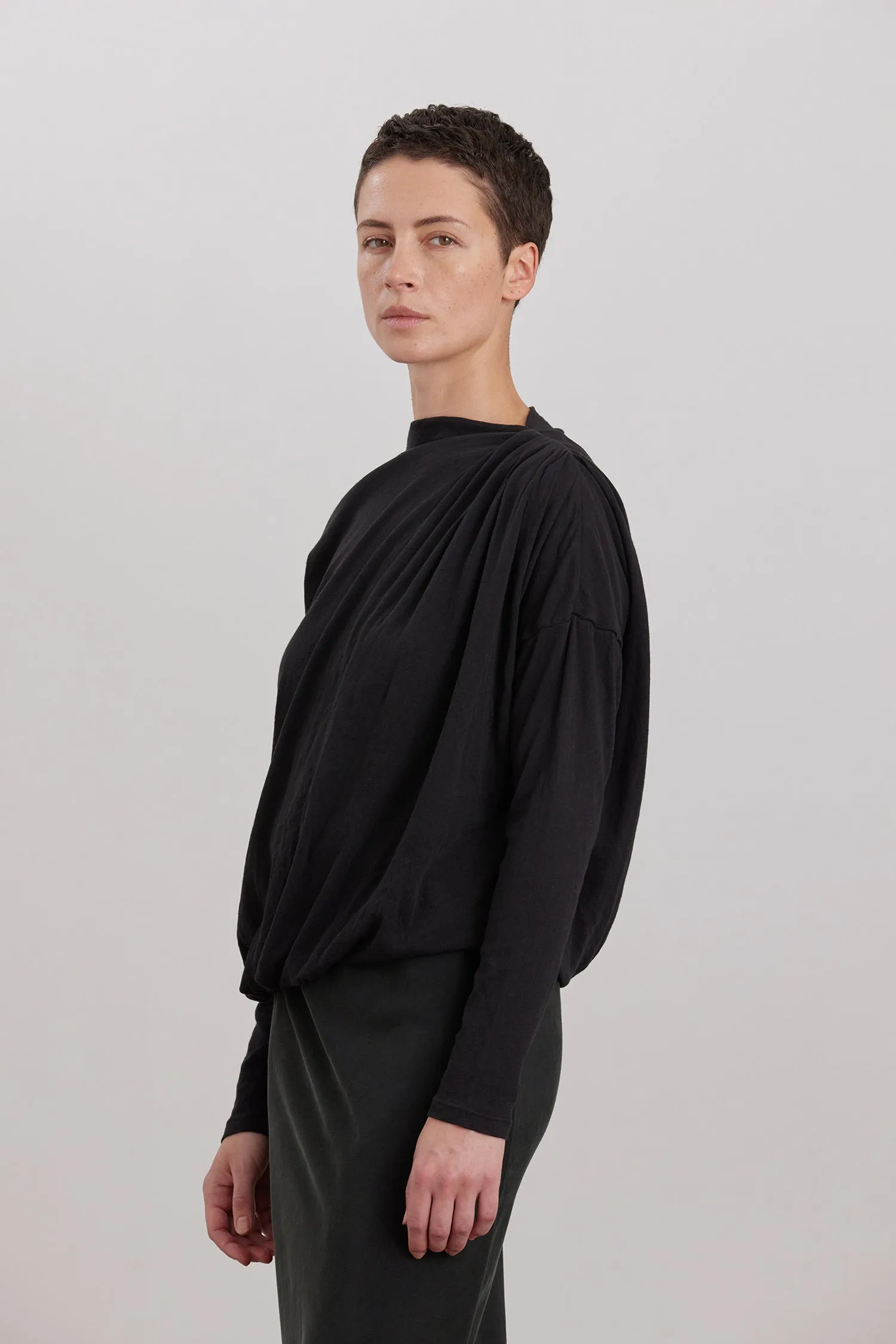 ORGANIC COTTON CASHMERE DOUBLE LAYER DRAPED TOP / BLACK sold by Black Crane