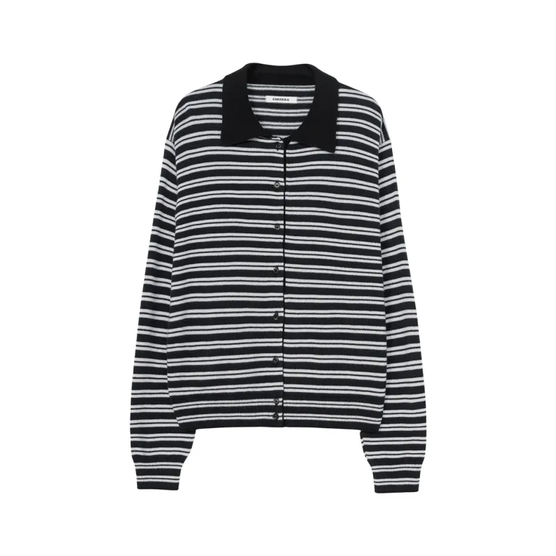 MERINO WOOL STRIPED POLO CARDIGAN made by Cordera
