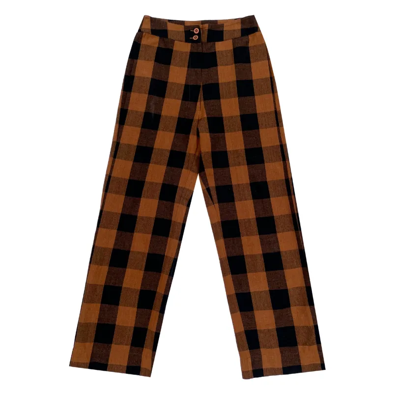 SILK FLY FRONT PANT W/ POCKETS - COPPER/BLACK PLAID made by Ali Golden