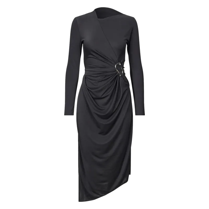 LONG SLEEVE MIDI DRESS W/ FIXED BUCKLE - BLACK made by STINE GOYA