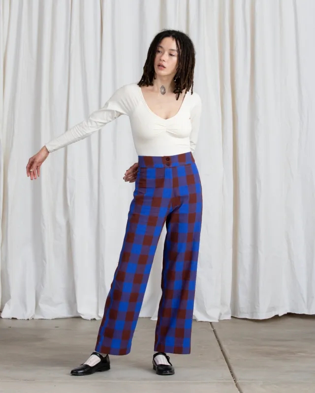 SILK FLY FRONT PANT W/ POCKETS - RUST/COBALT PLAID made by Ali Golden