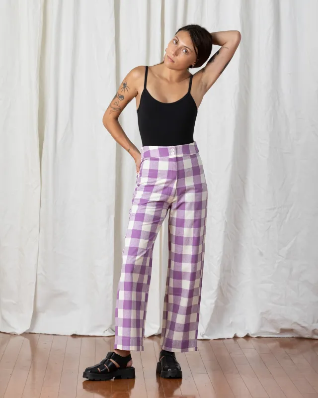 SAMPLE - SILK FLY FRONT PANT W/ POCKETS - LILAC/BONE PLAID made by Ali Golden