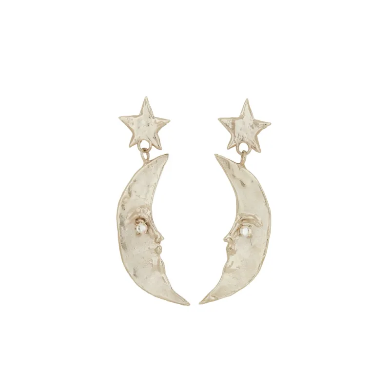 MOON EARRINGS - WHITE BRONZE W/ GLASS MOONSTONE sold by Ali Golden