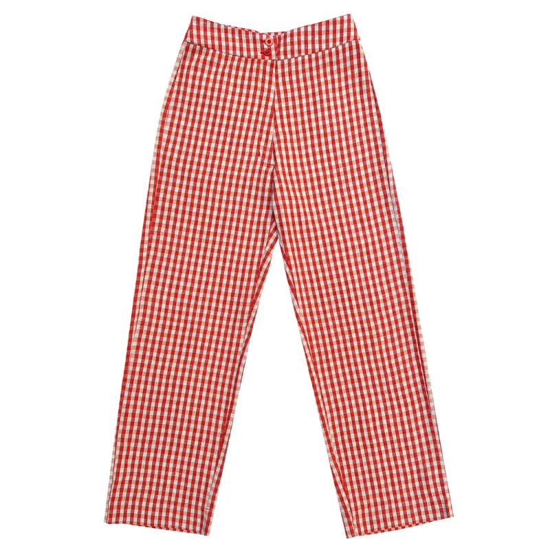 SILK FLY FRONT PANT W/ POCKETS - POPPY/FUCK ICE GINGHAM made by Ali Golden