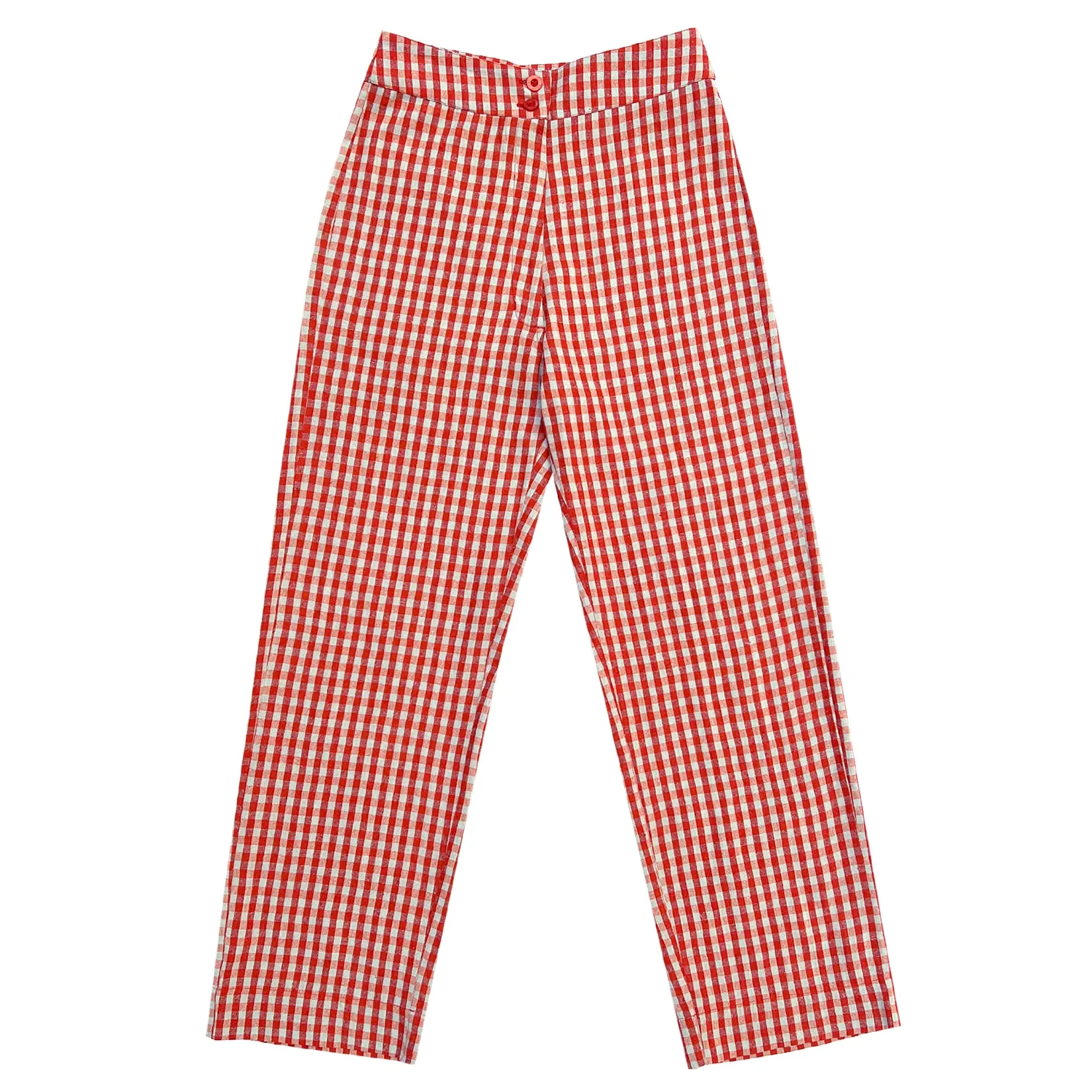 SILK FLY FRONT PANT W/ POCKETS - POPPY/FUCK ICE GINGHAM sold by Ali Golden