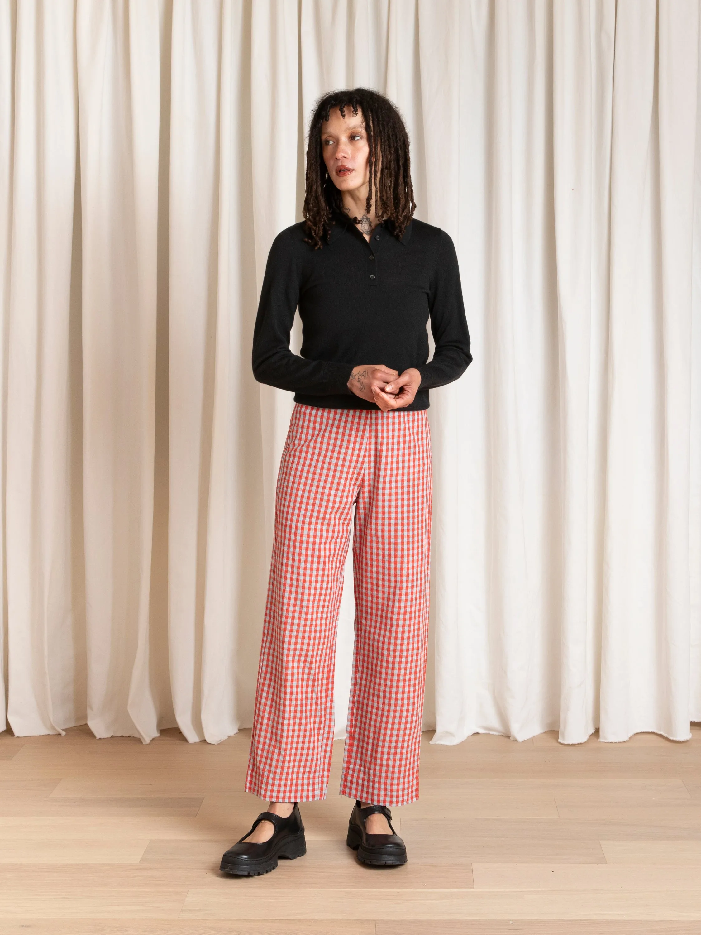 SILK FLY FRONT PANT W/ POCKETS - POPPY/FUCK ICE GINGHAM sold by Ali Golden product image thumbnail 2