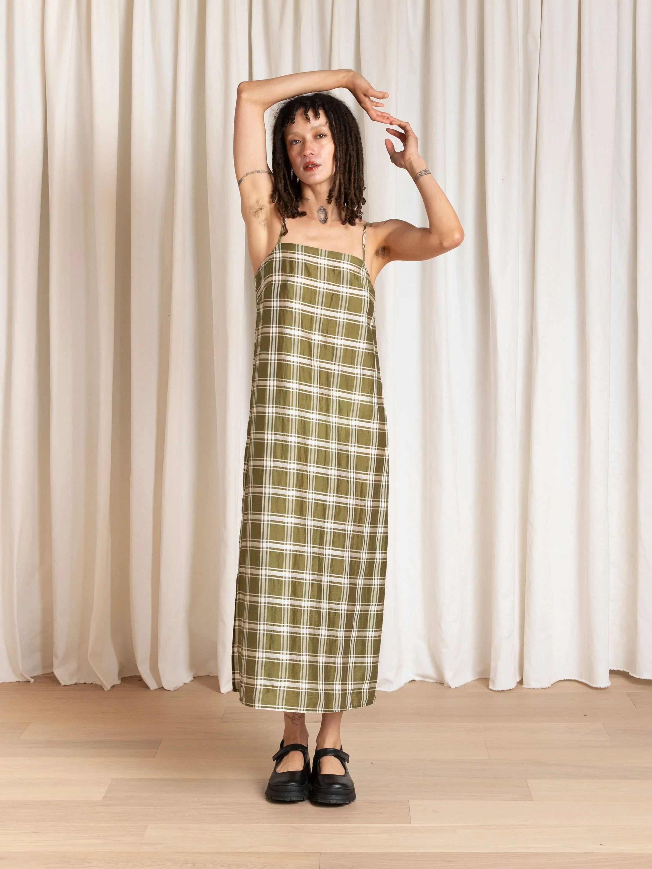 SQUARE NECK SLIP DRESS - OLIVE PLAID sold by Ali Golden product image thumbnail 2