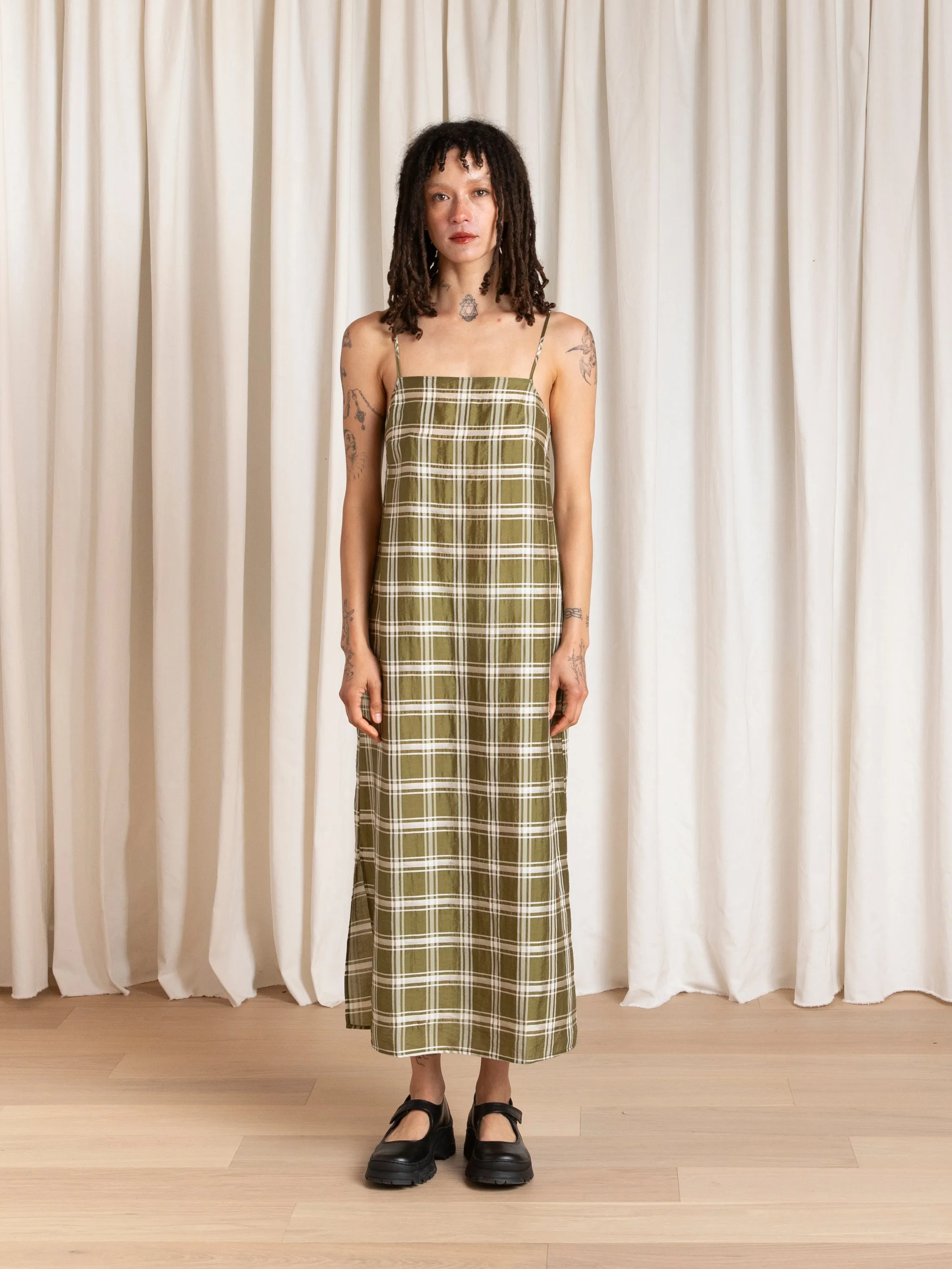 SQUARE NECK SLIP DRESS - OLIVE PLAID sold by Ali Golden product image thumbnail 3