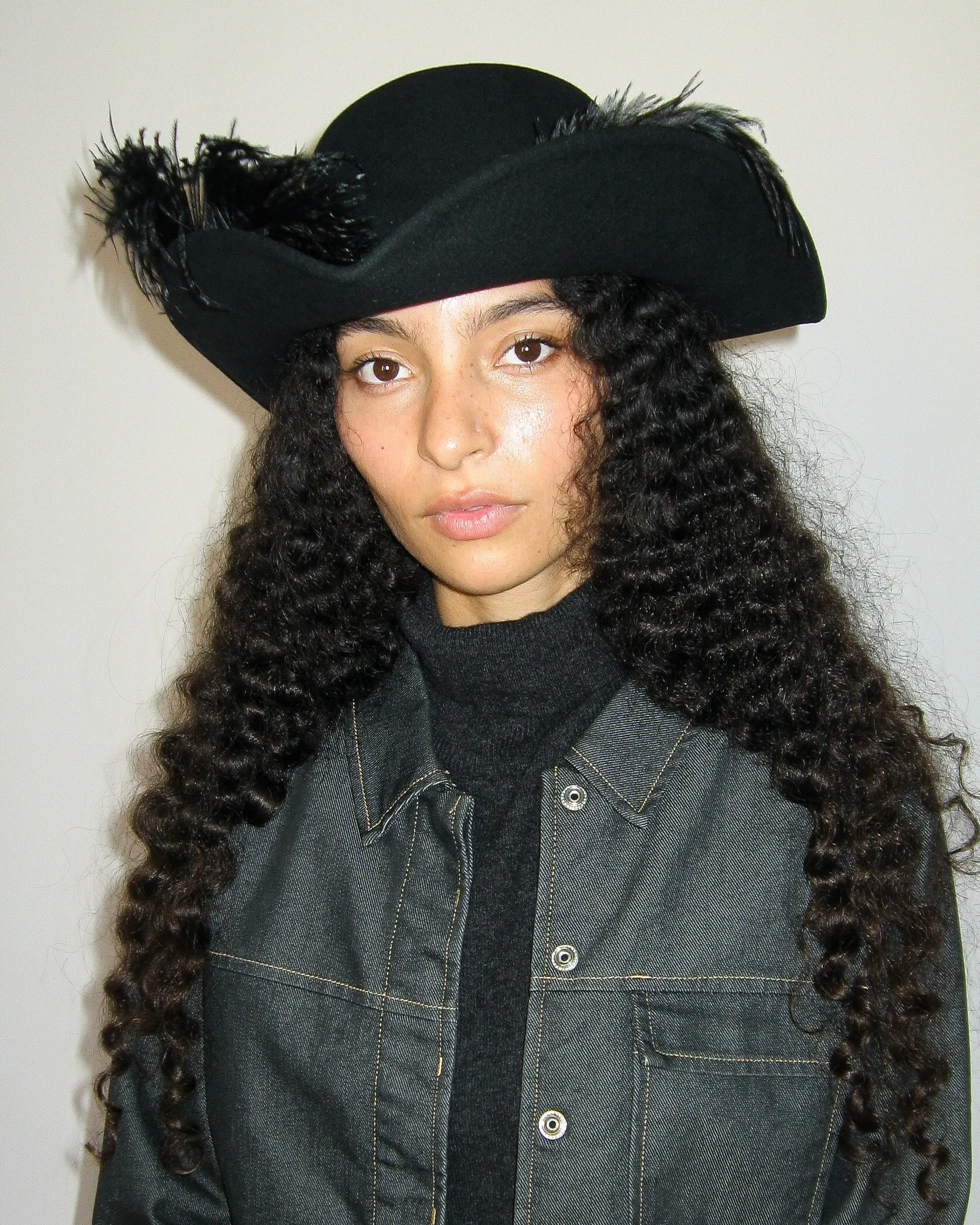 Plumed Tricorn Hat in Black Wool sold by CLYDE