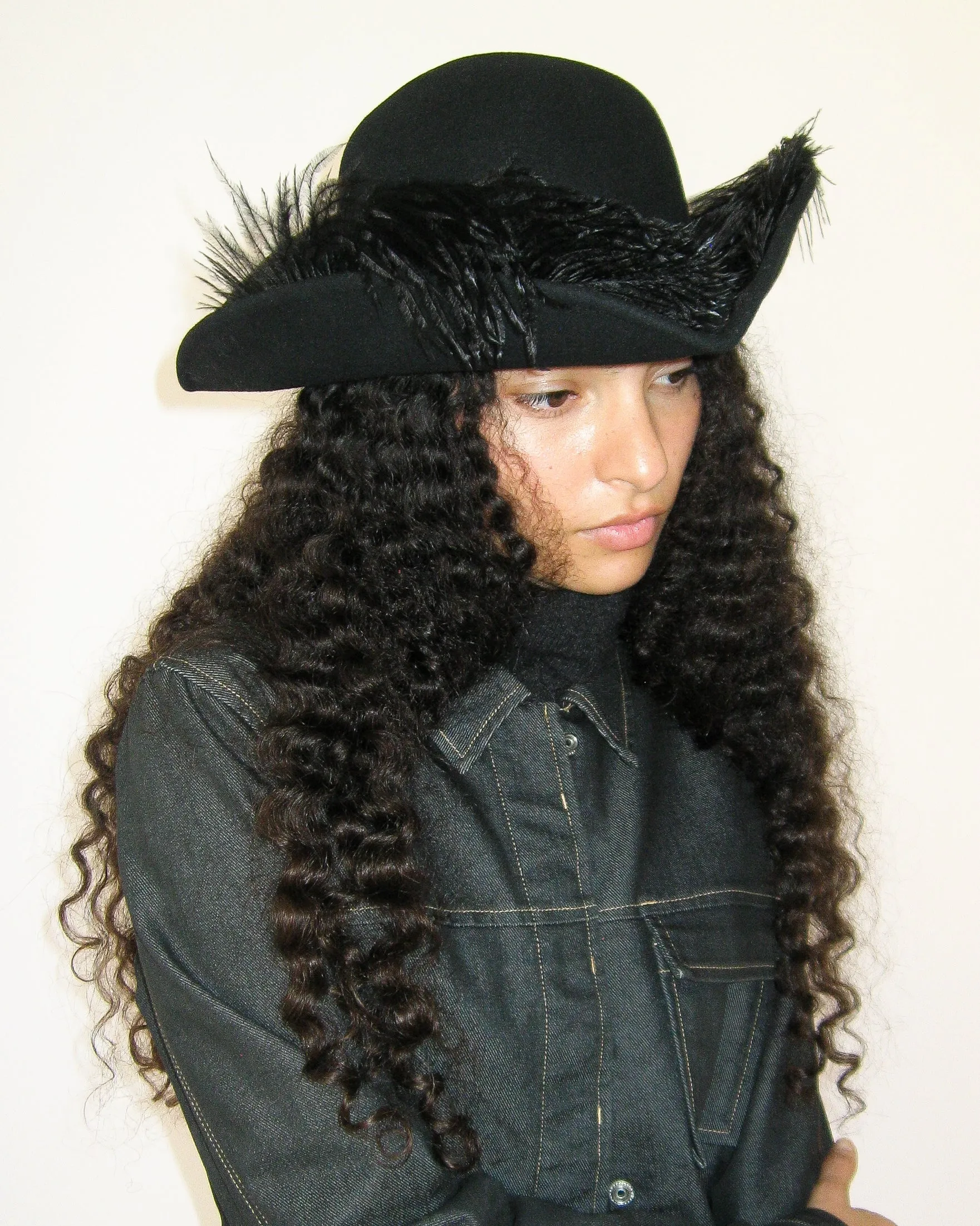 Plumed Tricorn Hat in Black Wool sold by CLYDE product image thumbnail 4