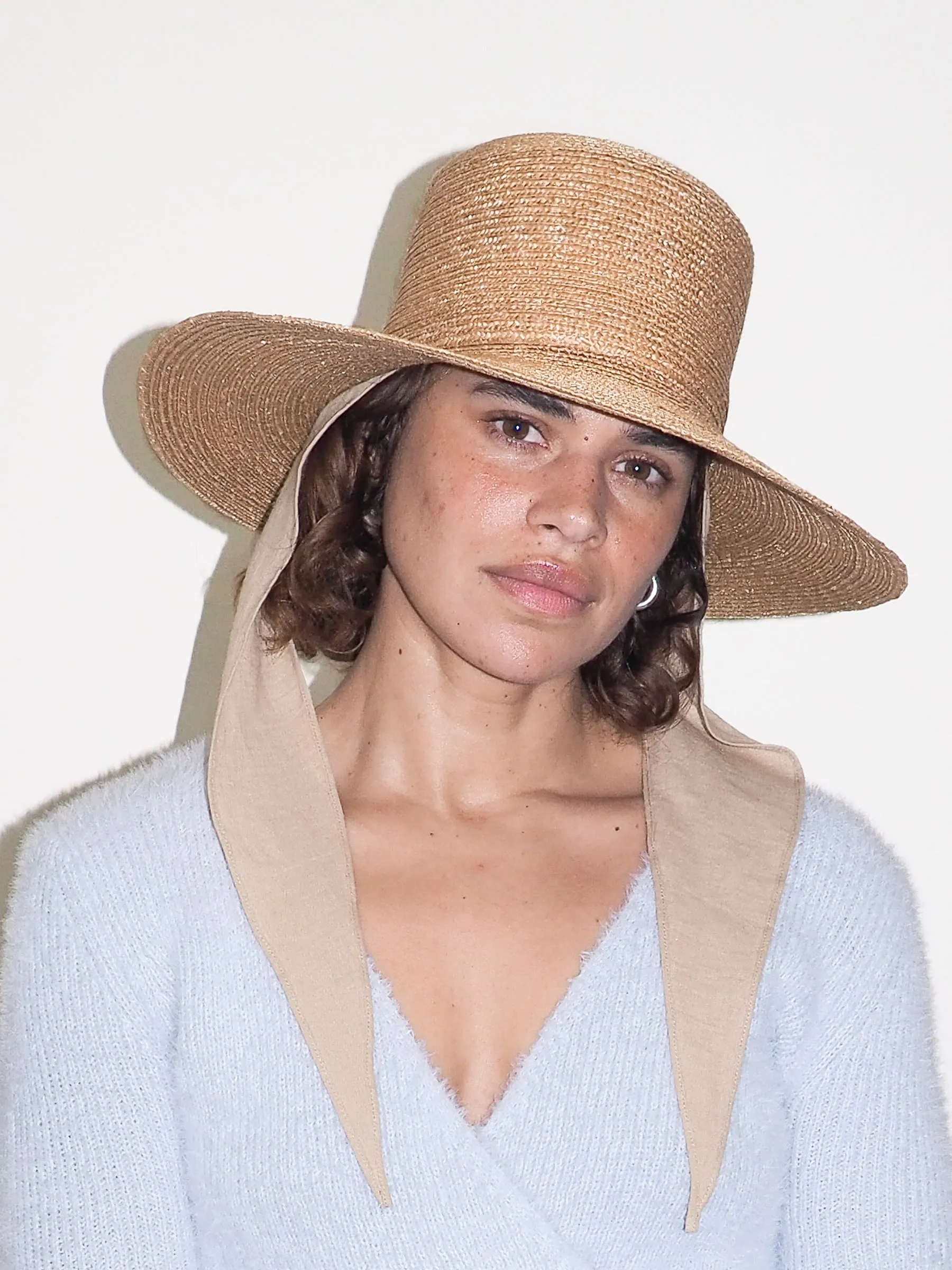 Medium Brim Flat Top Hat in Sand Straw w. Neck Shade sold by CLYDE