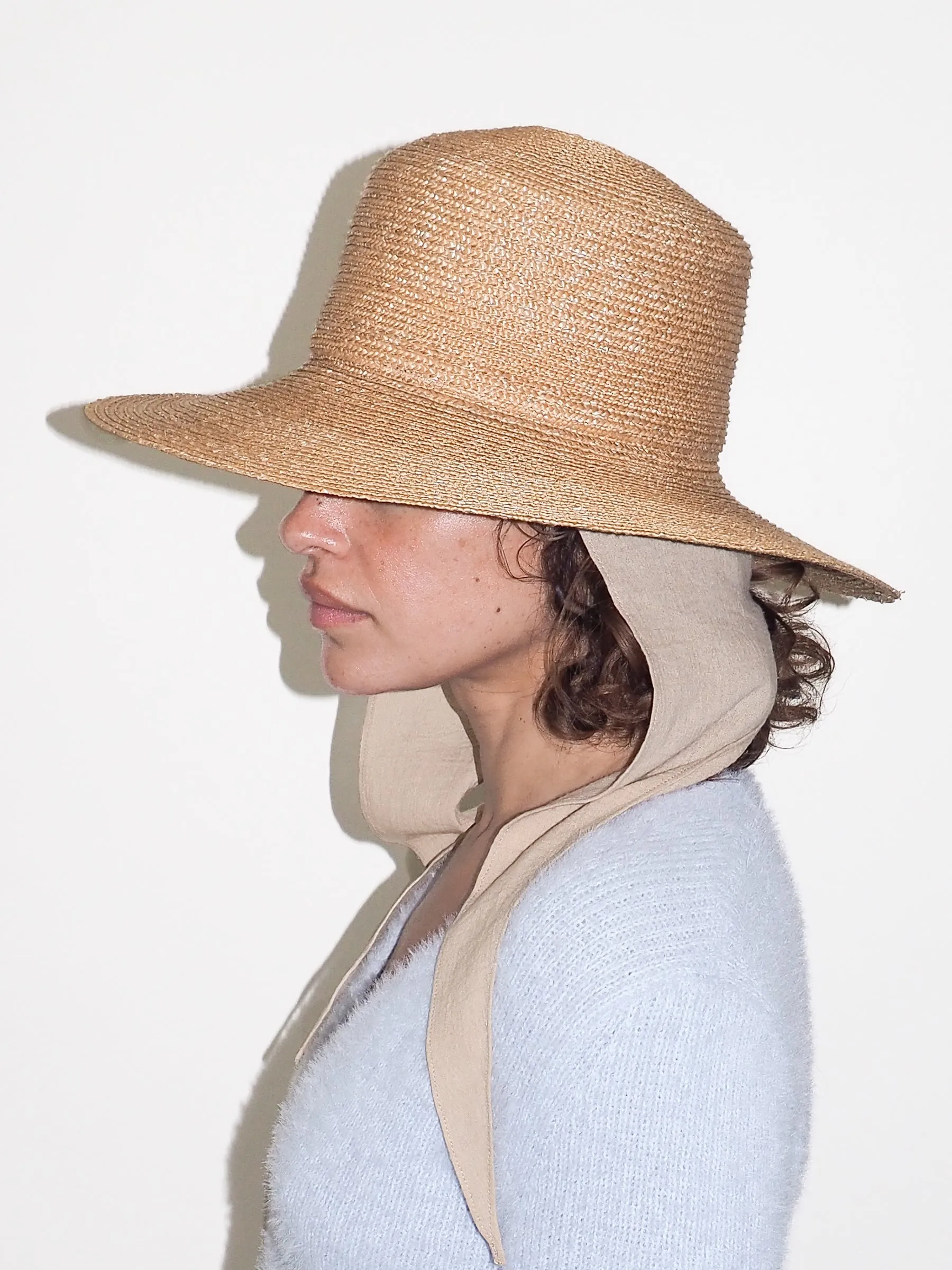 Medium Brim Flat Top Hat in Sand Straw w. Neck Shade sold by CLYDE product image thumbnail 2