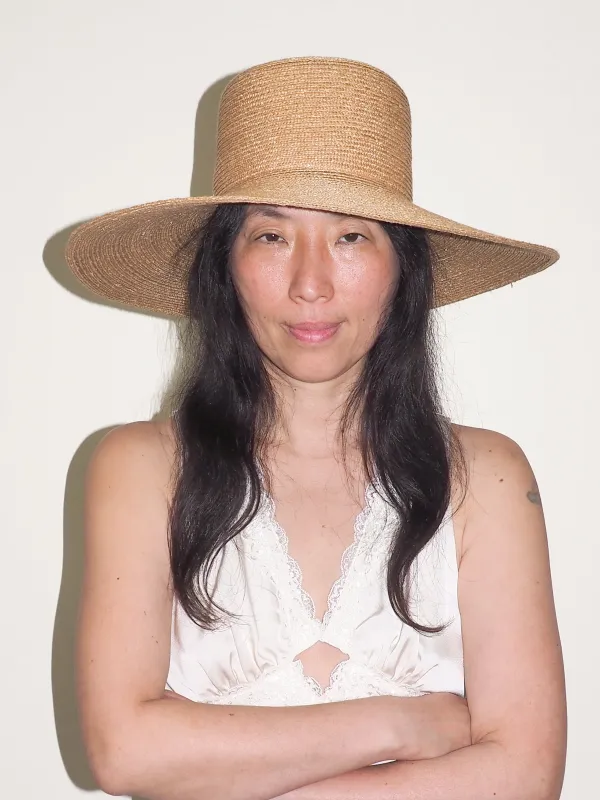 Wide Brim Flat Top Hat in Sand Straw made by CLYDE