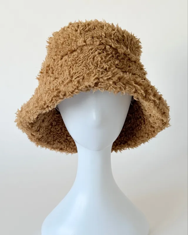 Faux Fur Bucket Hat in Camel Curl Sample made by CLYDE