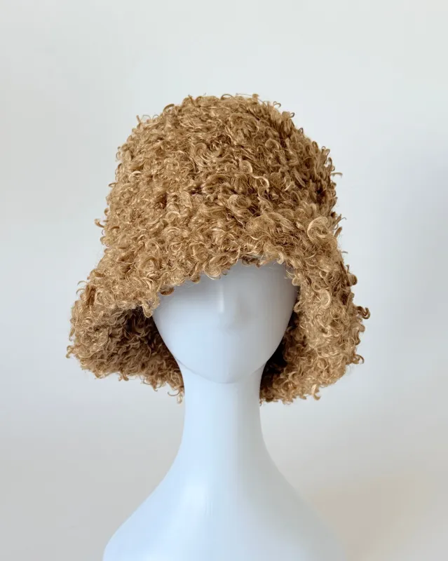 Faux Fur Bucket Hat in Camel Curl made by CLYDE