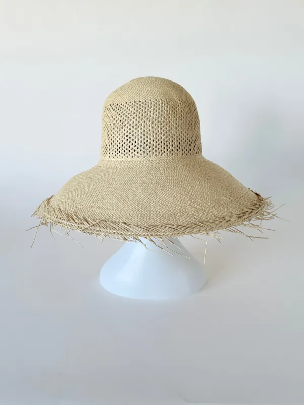 Sloped Brim Flat Top Hat w. Vent in Natural Toquilla Straw made by CLYDE