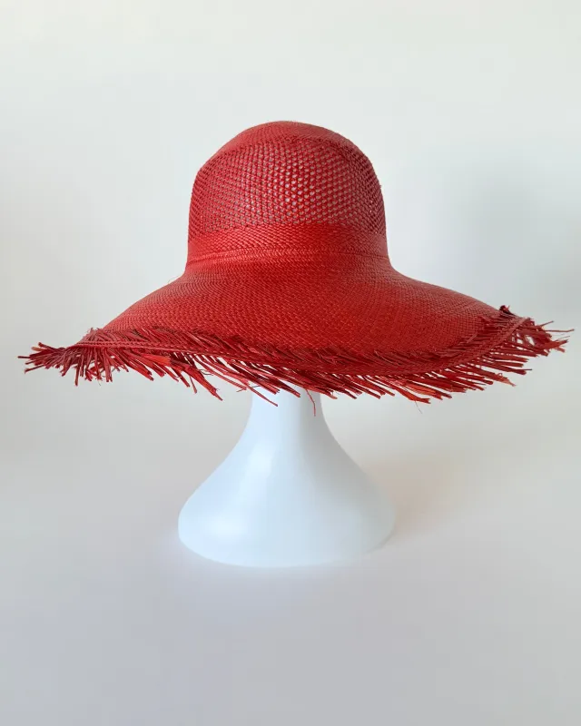 Sloped Brim Flat Top Hat w. Vent Red Toquilla Straw made by CLYDE