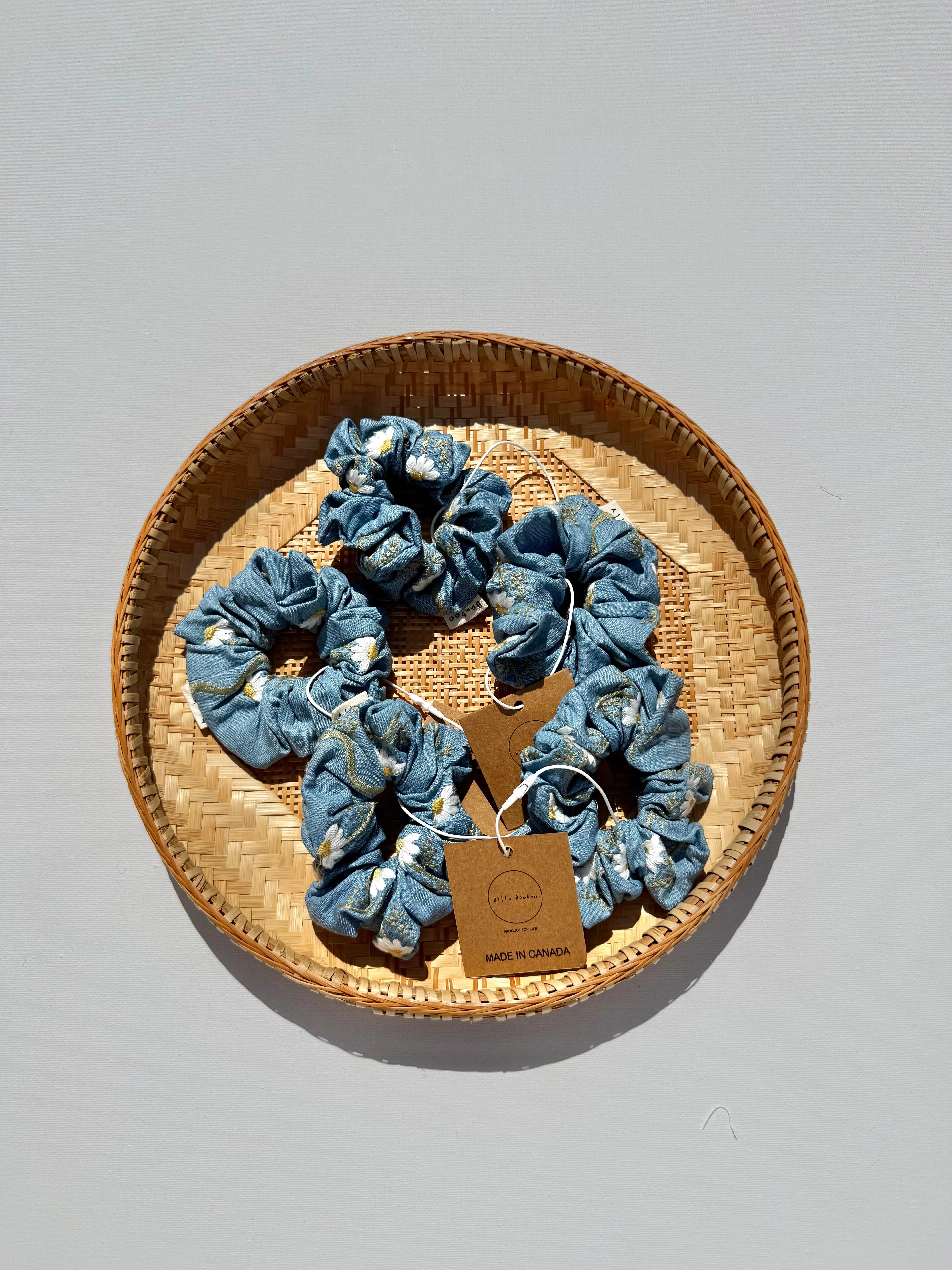EMBROIDERED DAISY DENIM SCRUNCHIE sold by Billy Bamboo