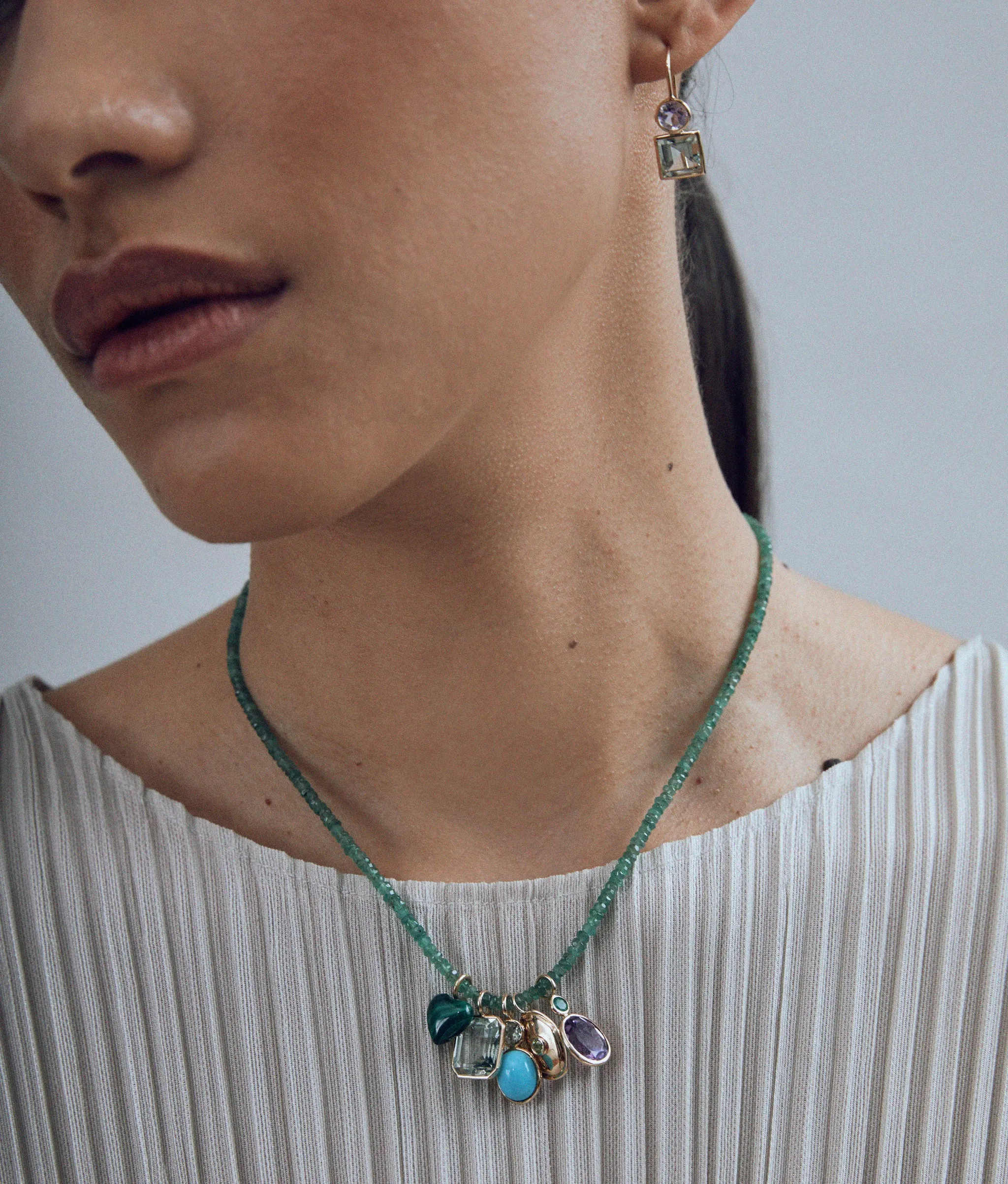 Oval 14k Gold Necklace Charm in Emerald & Amethyst sold by Lizzie Fortunato product image thumbnail 2