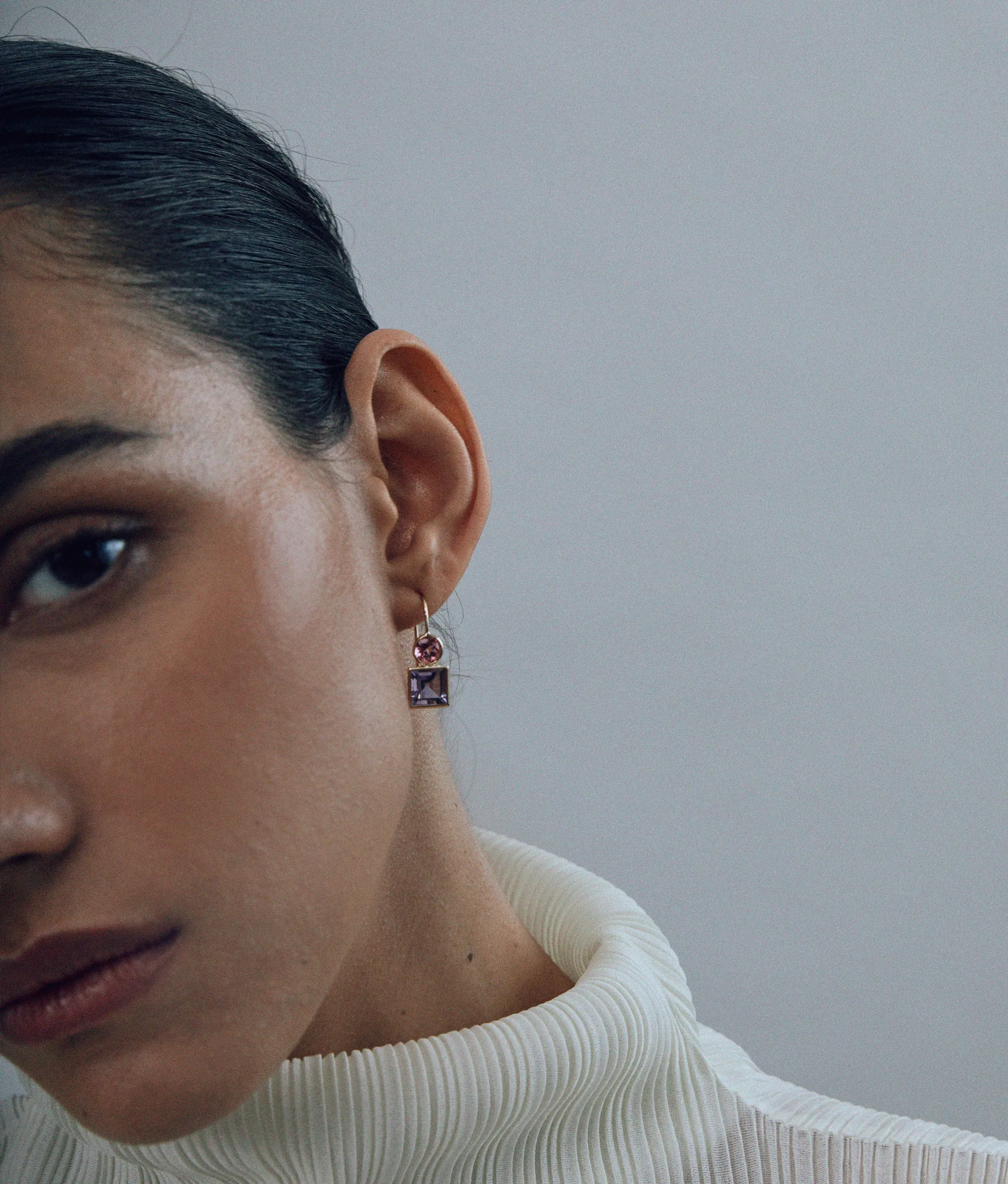 14k Gold Pastille Earrings in Pink Topaz and Amethyst sold by Lizzie Fortunato product image thumbnail 3