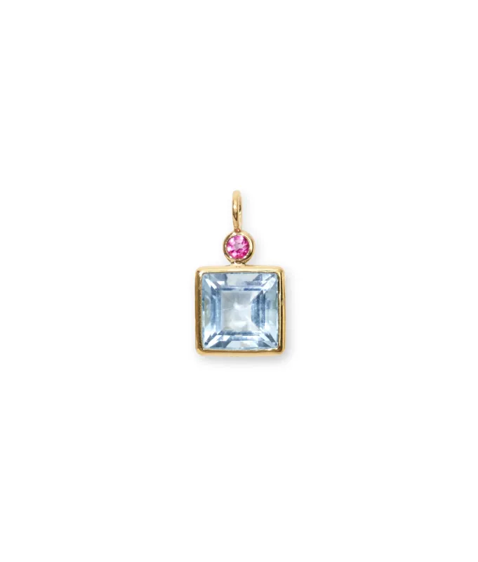 Square 14k Gold Necklace Charm in Pink & Sky Blue Topaz sold by Lizzie Fortunato