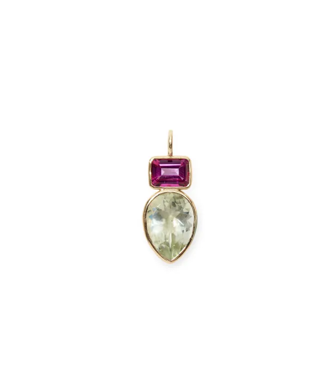 Stacked Teardrop 14k Gold Necklace Charm in Pink Topaz & Green Amethyst sold by Lizzie Fortunato