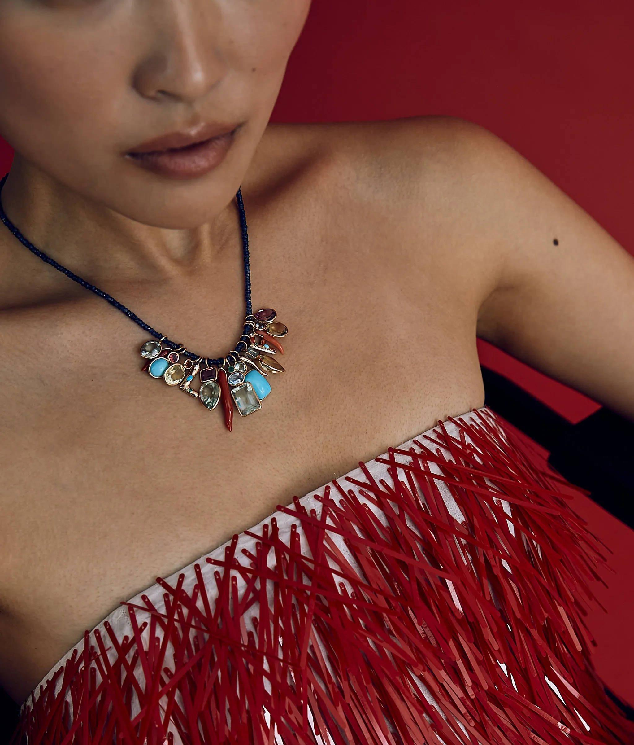 Rectangle Column 14k Gold Necklace Charm in Emerald, Sky Blue Topaz & Green Amethyst sold by Lizzie Fortunato product image thumbnail 2