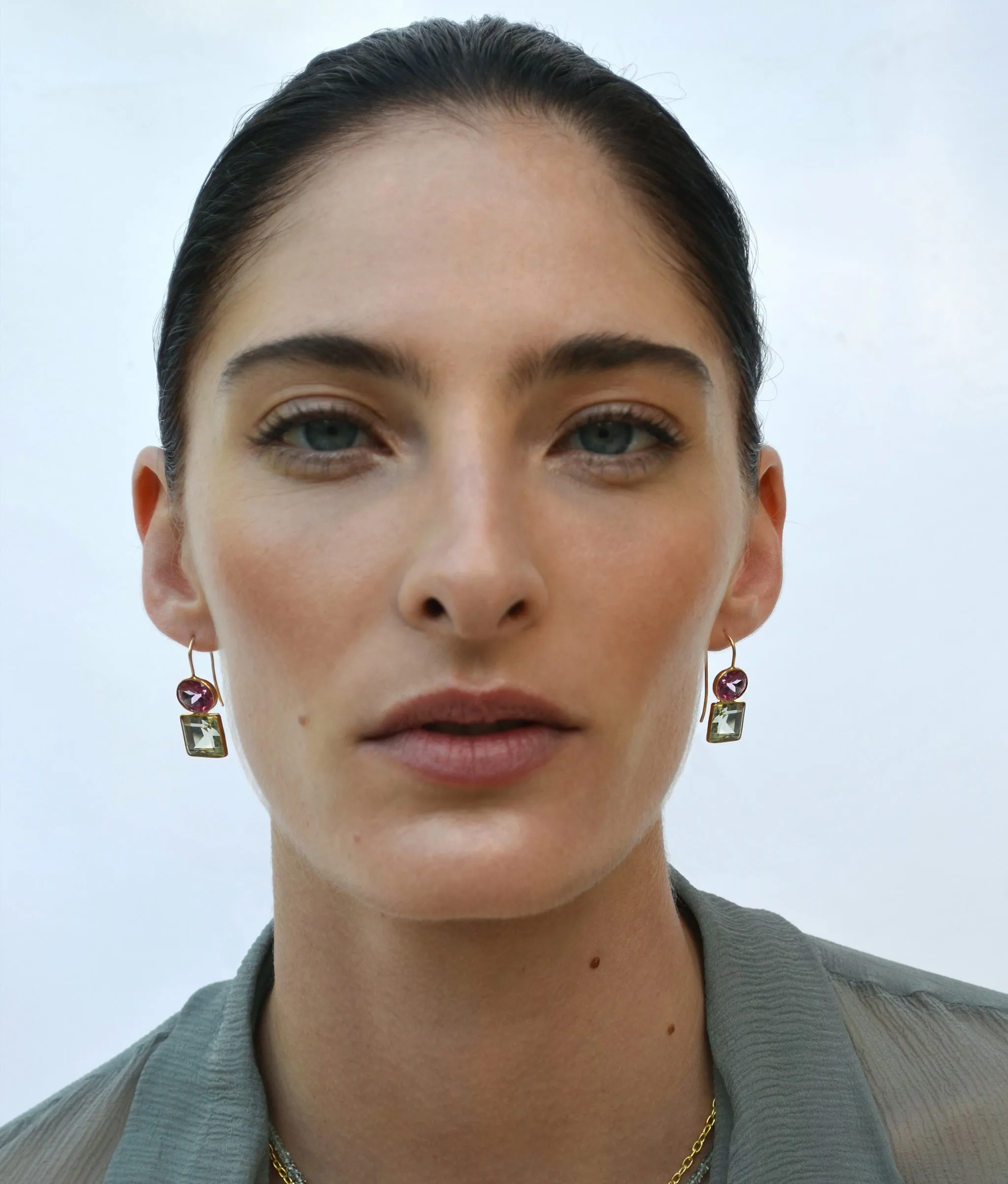 14k Gold Duo Earrings in Pink Topaz and Green Amethyst sold by Lizzie Fortunato product image thumbnail 2