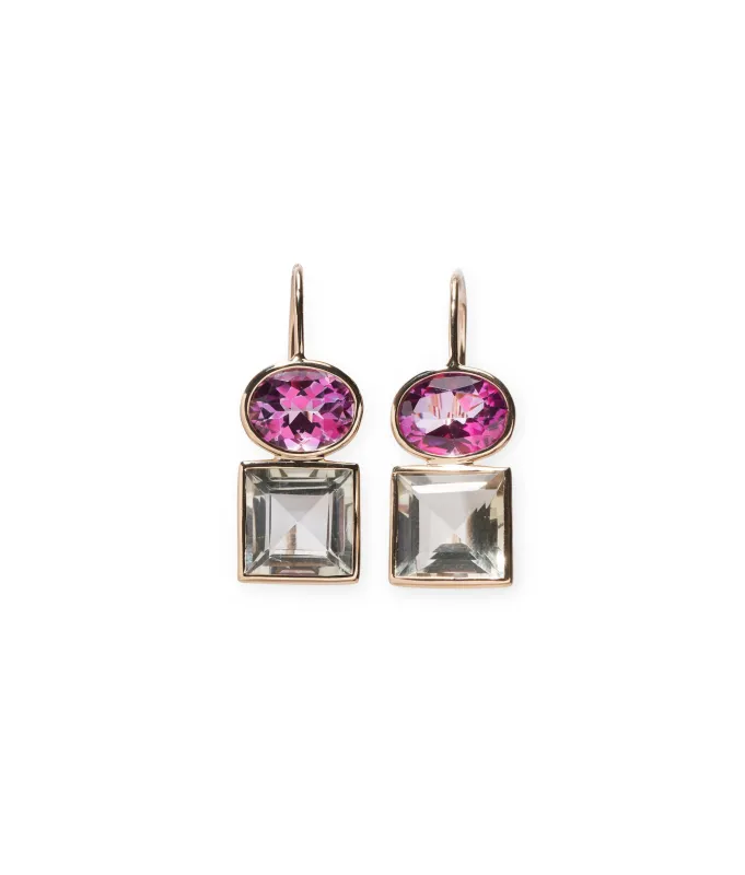 14k Gold Duo Earrings in Pink Topaz and Green Amethyst sold by Lizzie Fortunato